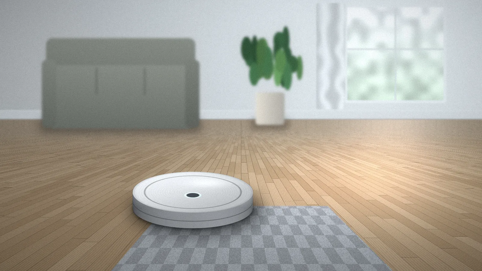 White robot vacuum on a light wooden floor beside a patterned rug in a bright room