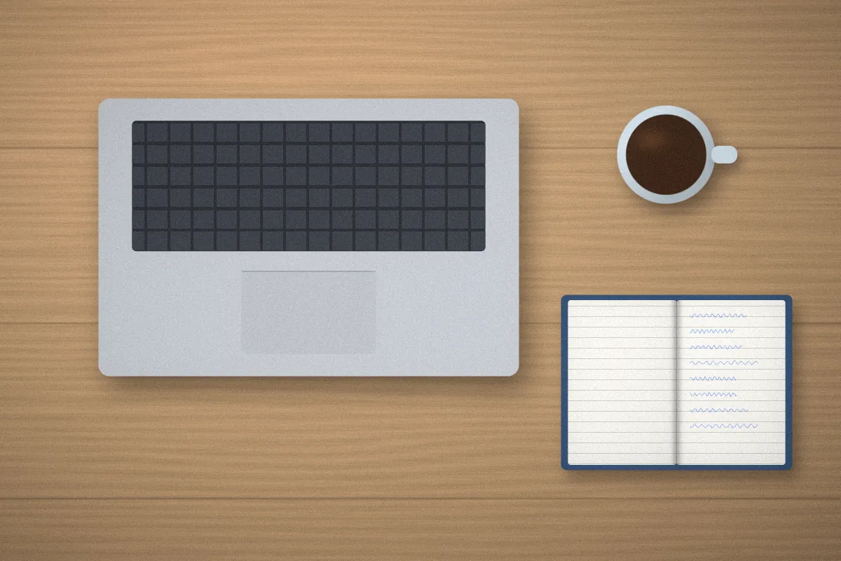 Laptop, open notebook and coffee mug on a wooden desk used for writing guides
