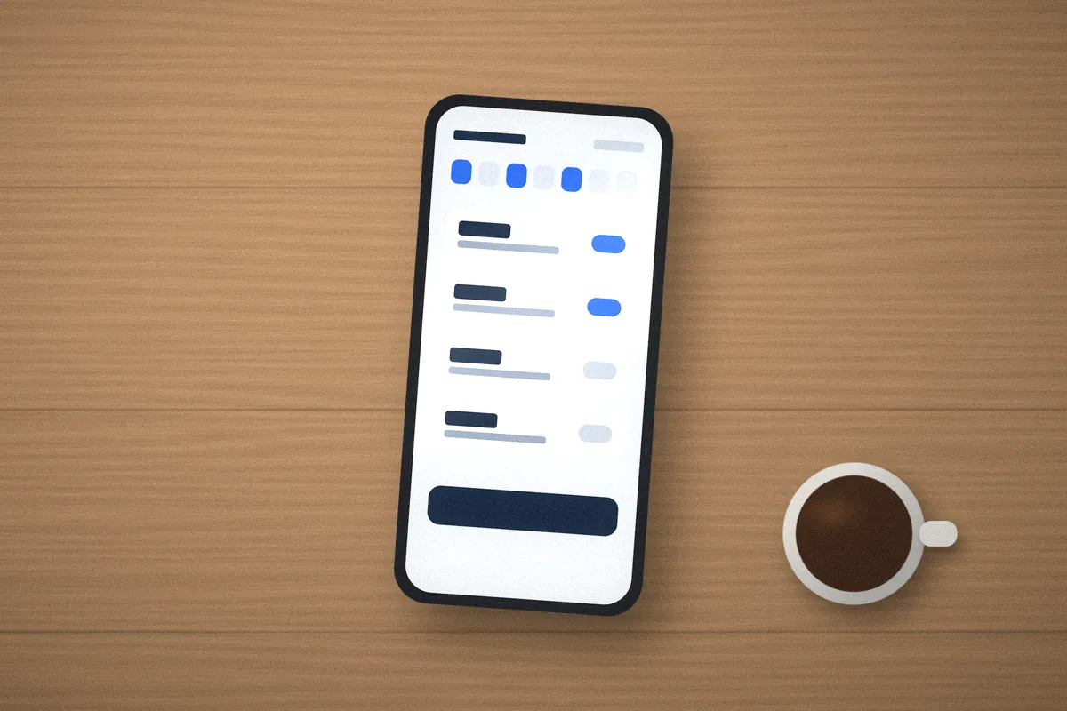 Smartphone showing a cleaning schedule screen beside a coffee mug on a wooden table