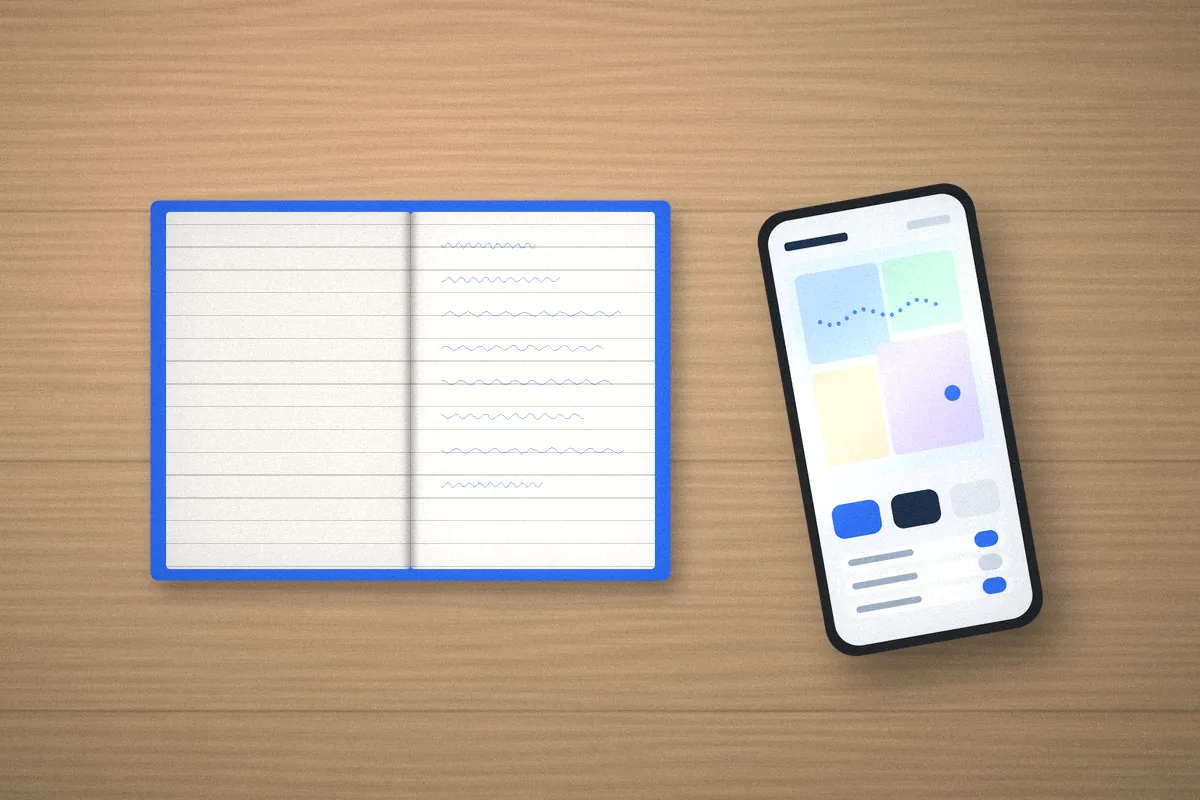 Open blue notebook with handwritten notes beside a smartphone on a wooden desk