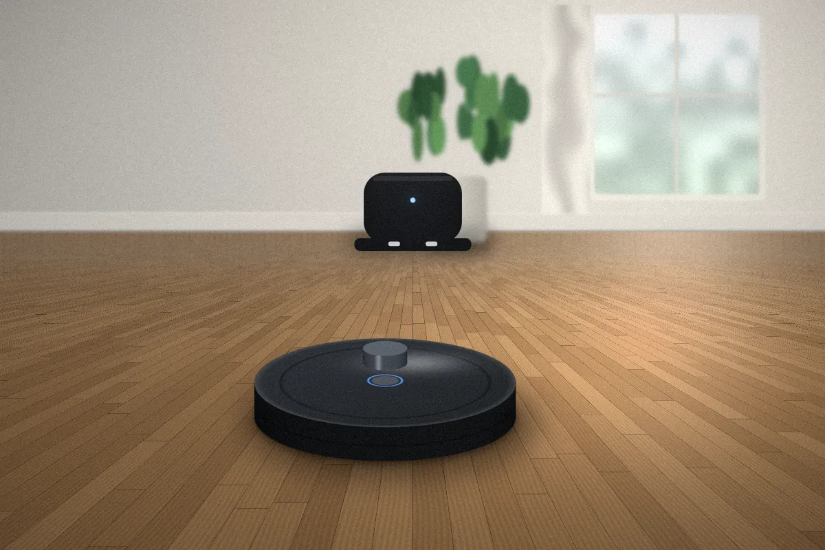 Robot vacuum returning to its charging dock against a white wall