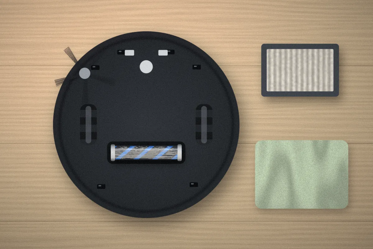 Robot vacuum underside, a pleated filter and a microfiber cloth laid out on a wooden table