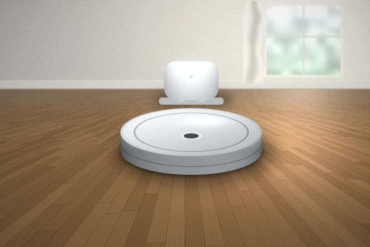 White robot vacuum resting on its charging dock with a blue status light