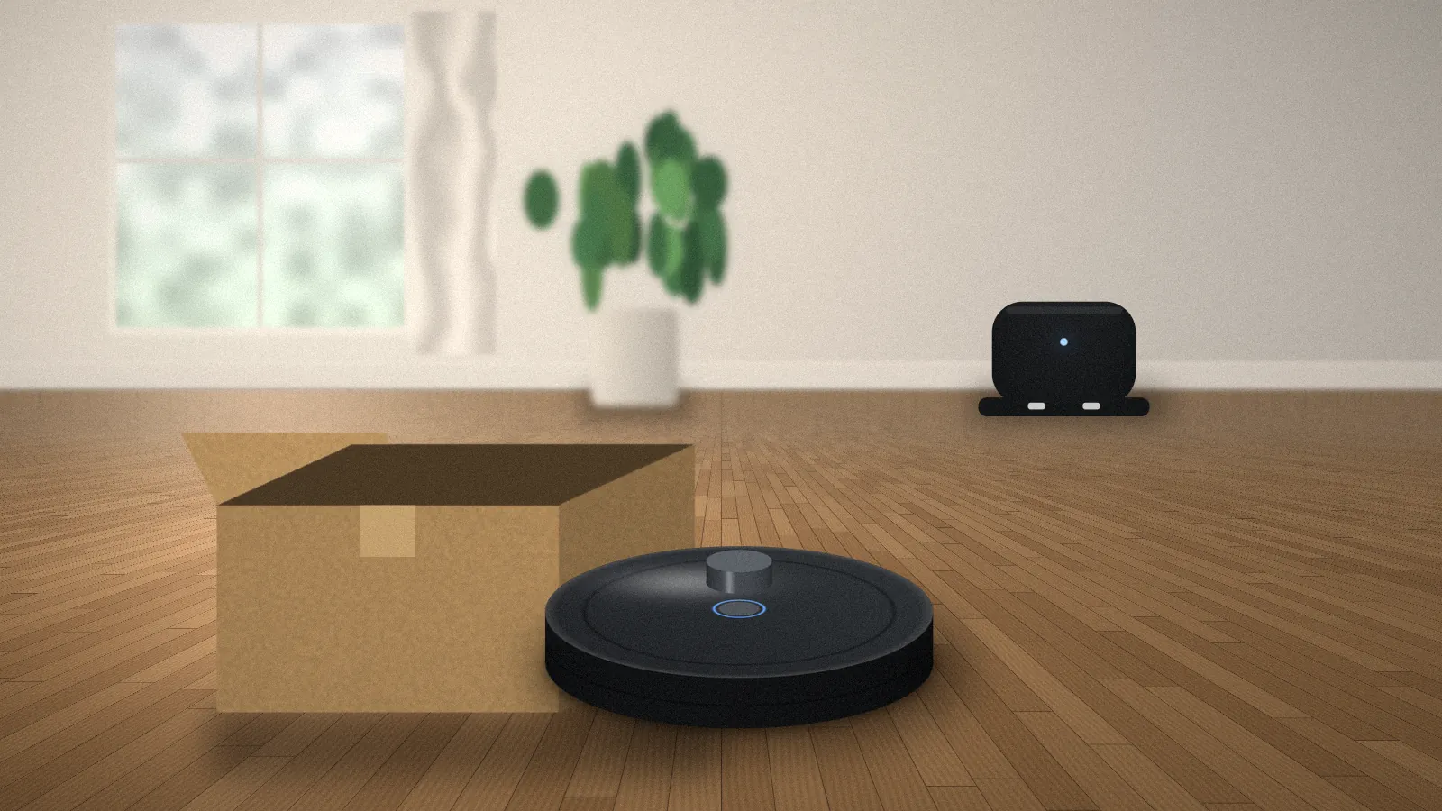 Robot vacuum beside an open delivery box and its charging dock in a living room