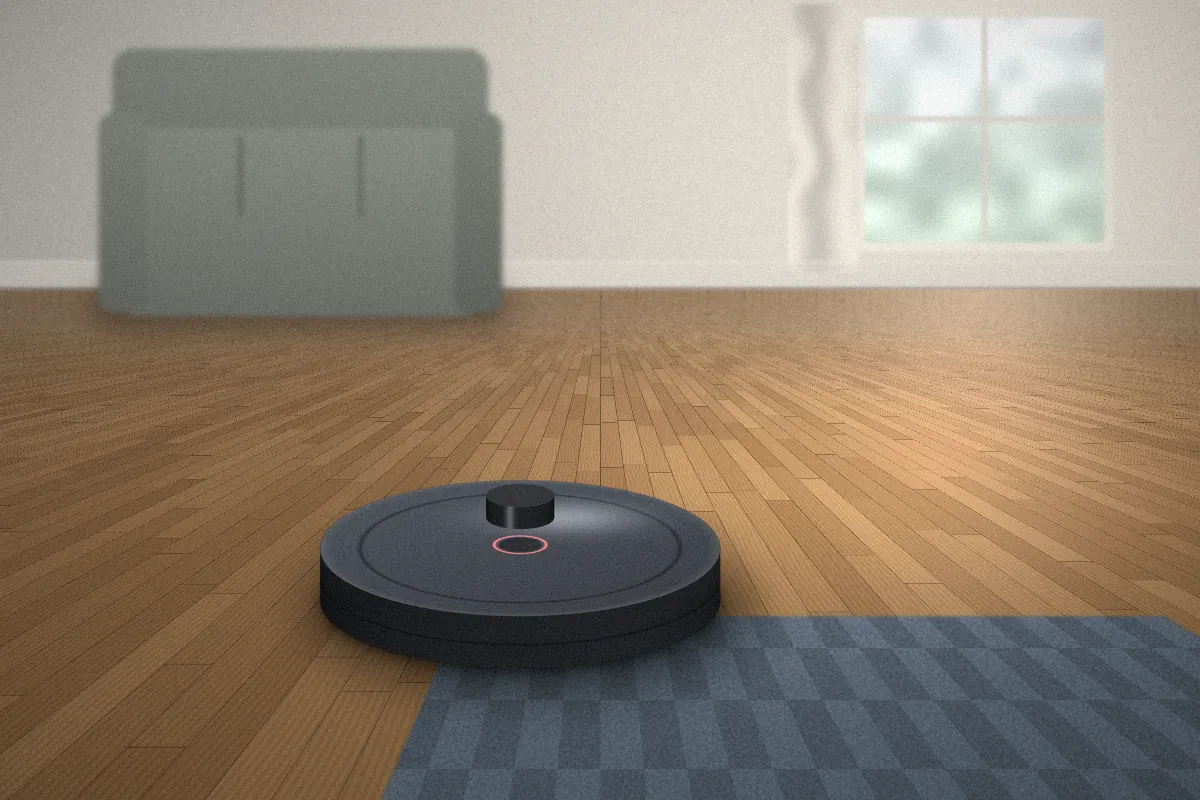 Robot vacuum with a red status light paused at the edge of a rug