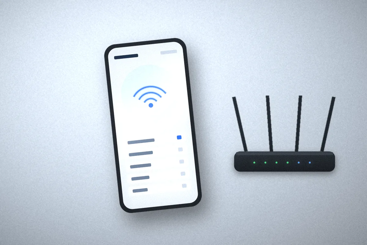 Smartphone showing Wi-Fi network list next to a home router